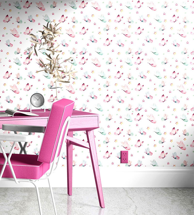 Papel de parede com borboletas em tons aquarela...