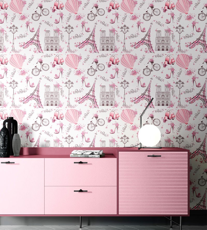 Papel de Parede Infantil Paris, com fundo rosa...
