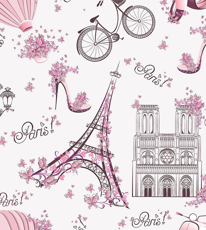 Papel de Parede Infantil Paris, com fundo rosa...