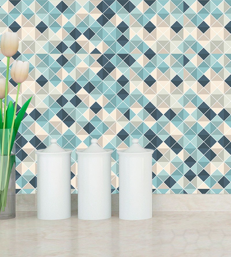 Papel Parede Adesivo Cozinha Pastilha Azul Bege