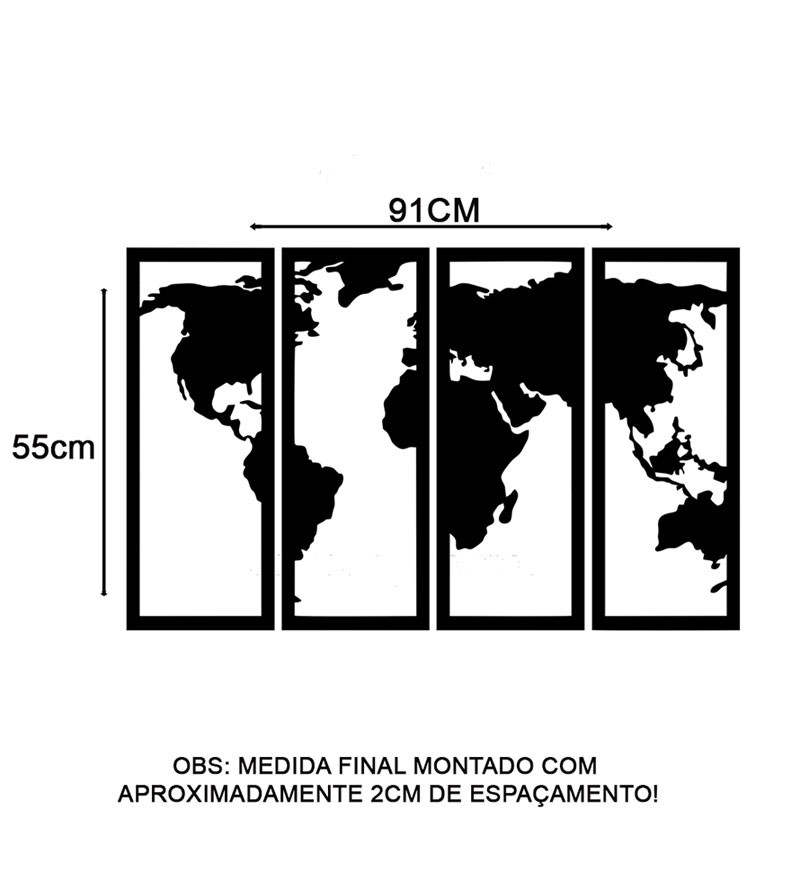 Conjunto 4 Placas Quadros Decorativos Mapa...