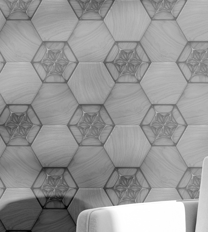 Papel de Parede 3D Hexágono Com Tons Cinza Escuro