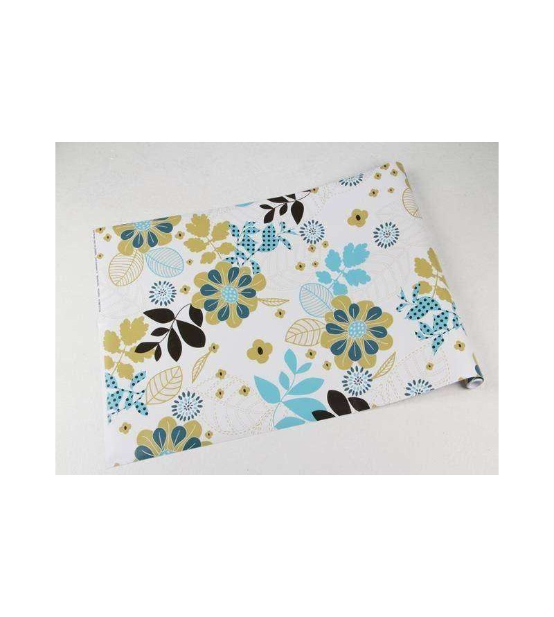 Papel de parede com fundo branco e detalhes em tons de verde, azul e preto - Retro 03