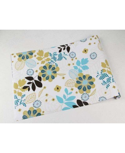 Papel de parede com fundo branco e detalhes em tons de verde, azul e preto - Retro 03