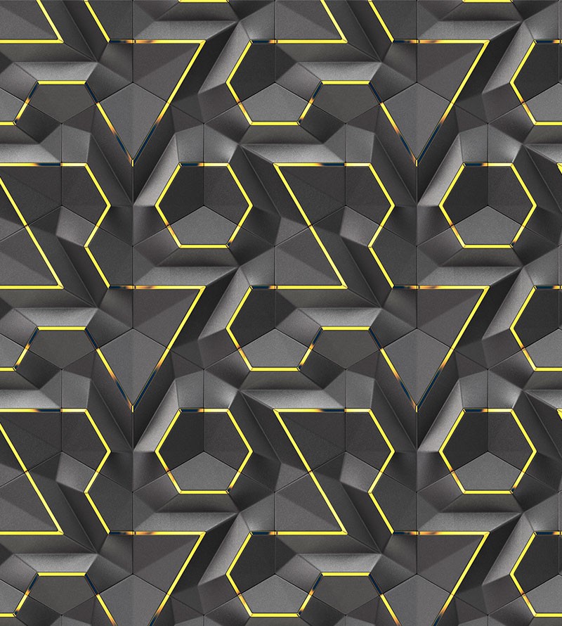 Papel de Parede 3D Hexágono Tons Escuros e Amarelo