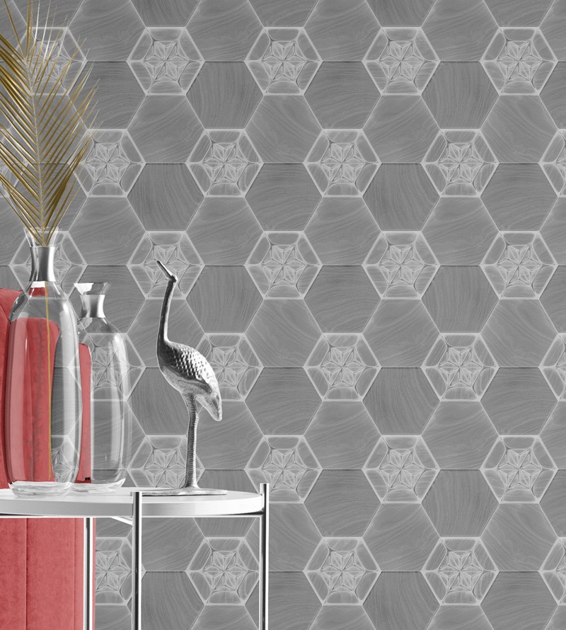 Papel de Parede 3D Hexágono Com Tons Cinza Claro