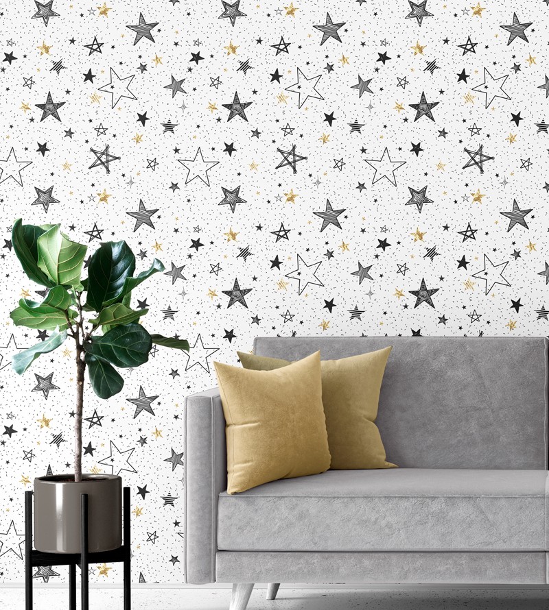 Papel de Parede Teen Estrelas em Tons Preto,...