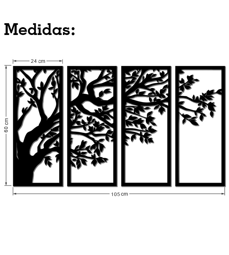 Quadro Decorativo Árvore da Vida Preto 4 Partes