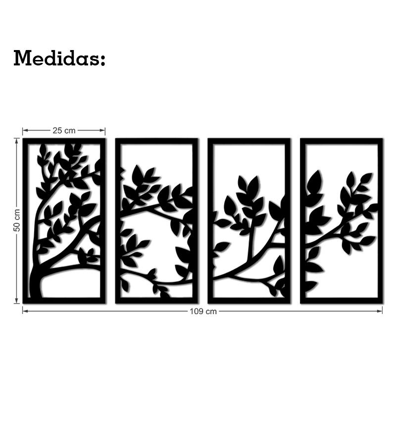 Quadro Decorativo 4 Partes Árvore da vida Preto