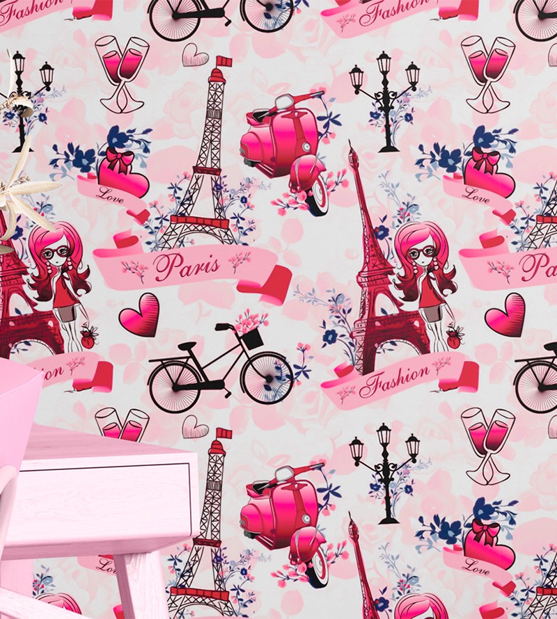 Papel de Parede Paris Fashion Amor Bicicleta...