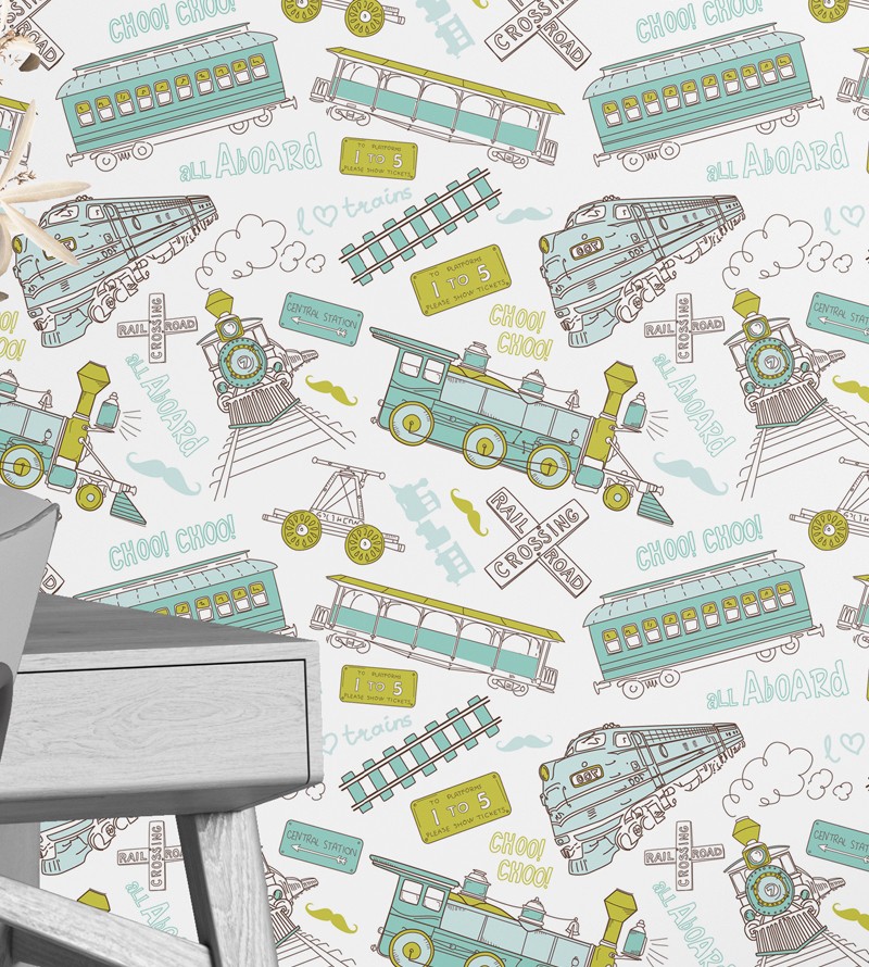 Papel De Parede Desenho Vintage Trens Azuis