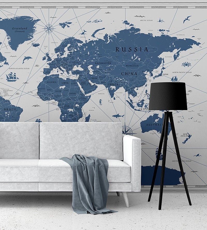 Papel de Parede Foto Mural Mapa Mundi Vintage Blue