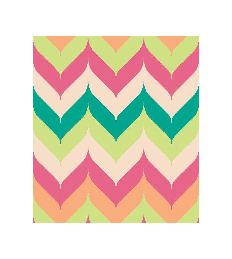 Papel de parede chevron com listras em zigue zague em laranja, amarelo, rosa, bege e verde.