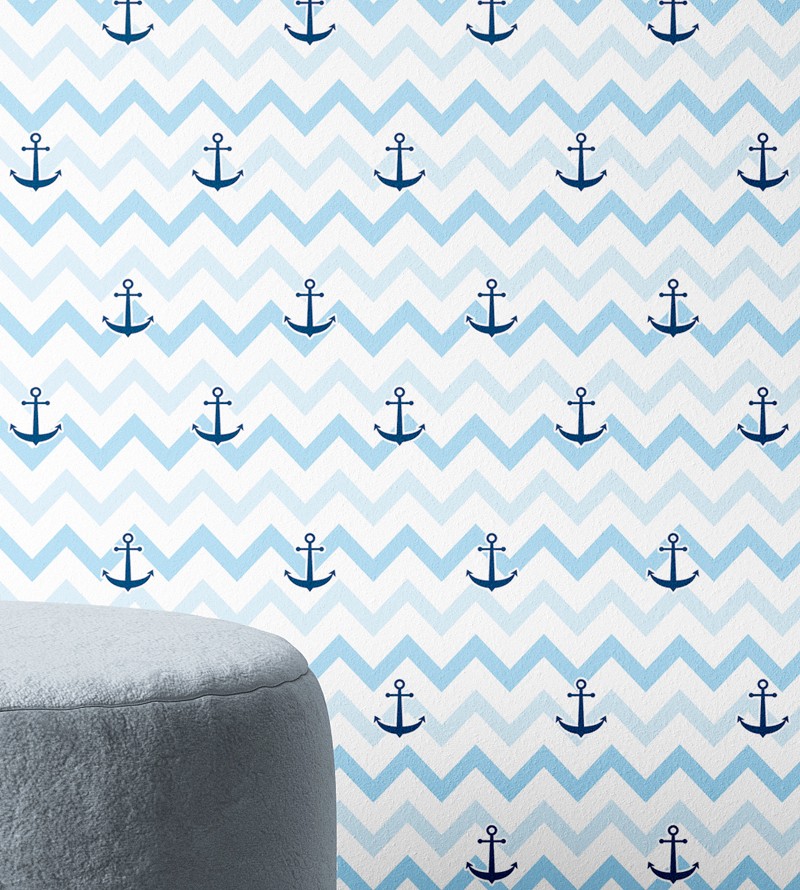 Papel de Parede Chevron Azul Claro com Ancora