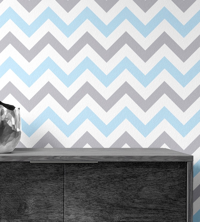 Papel de Parede Chevron com Detalhes Azul e Cinza