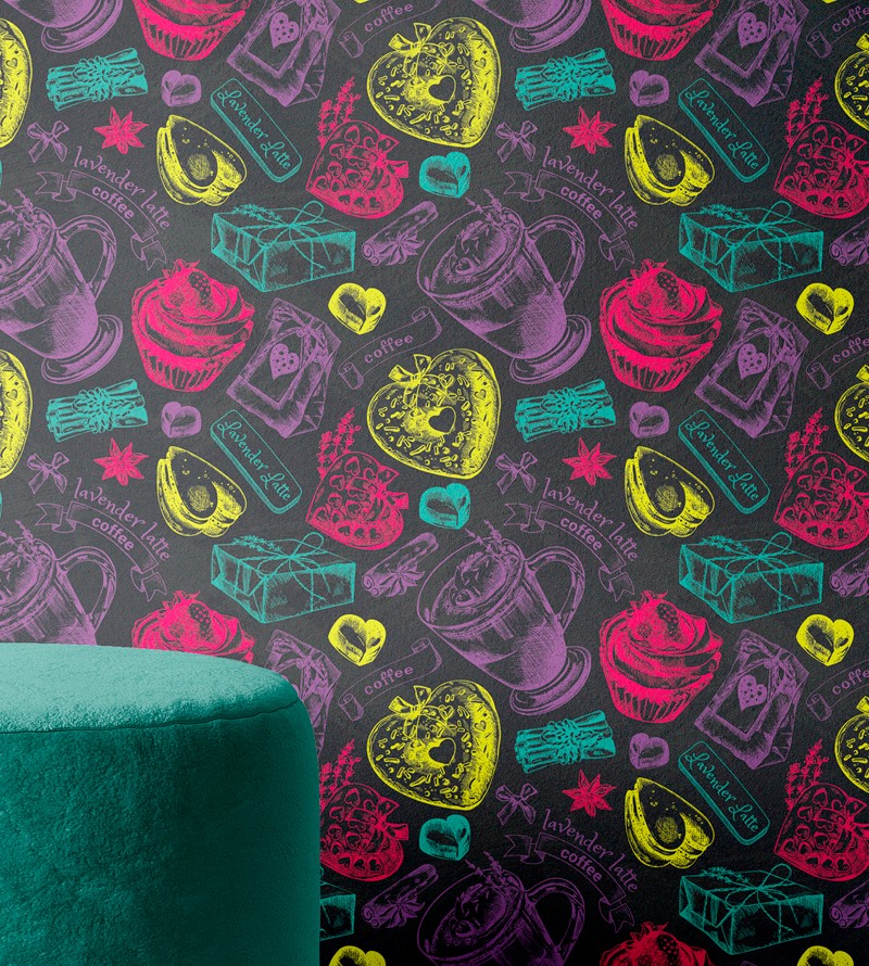 Papel de Parede Café Preto com Rabiscos Coloridos