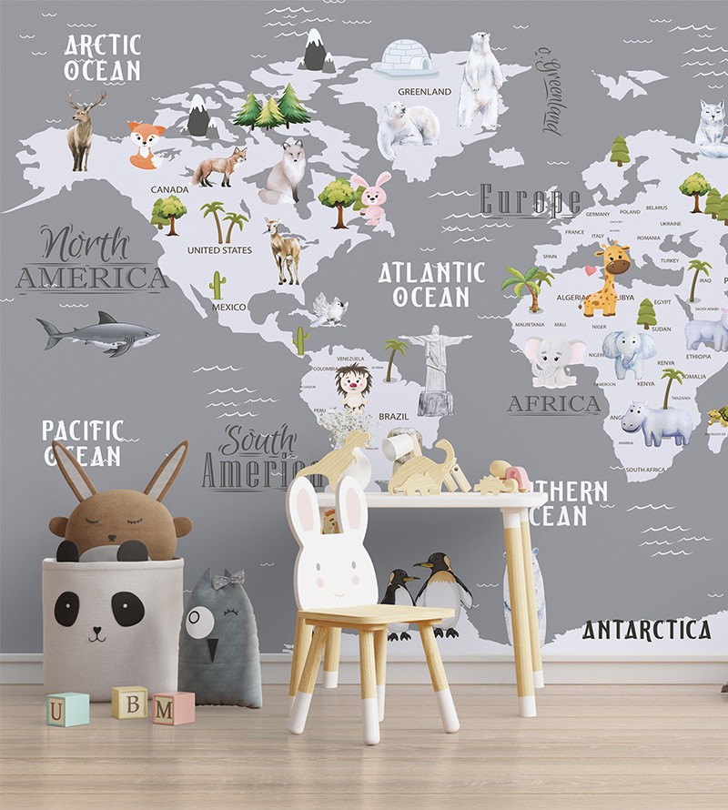 Papel de Parede Foto Mural Mapa Mundi com Animais