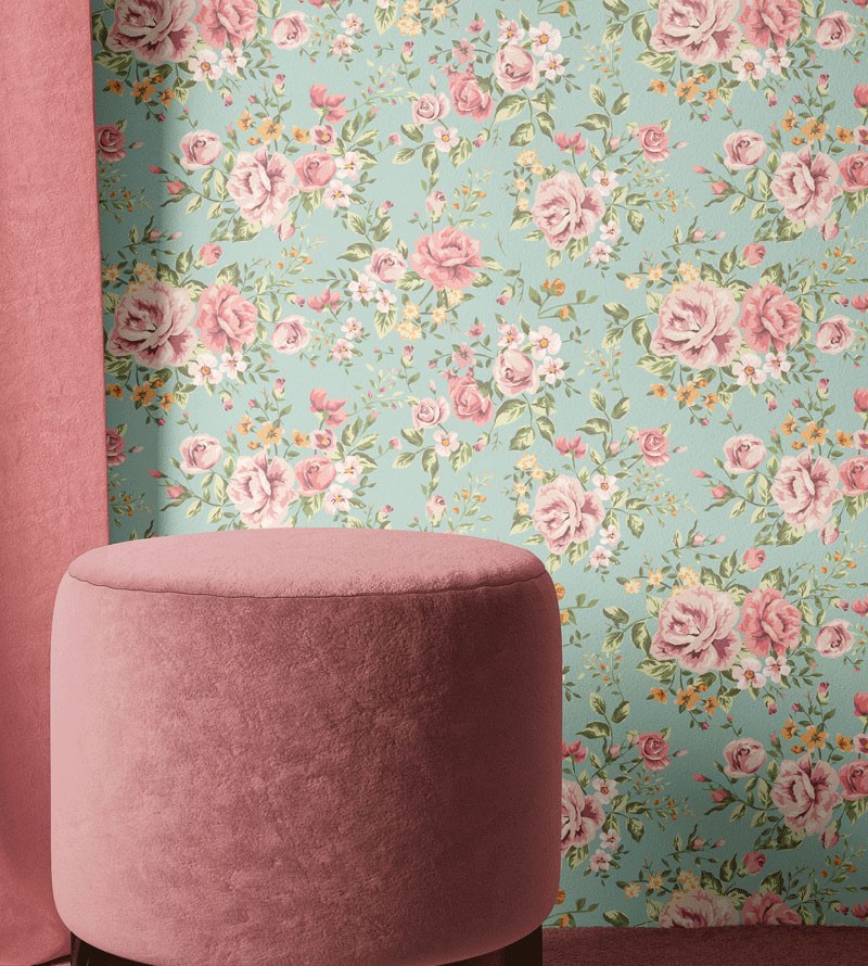 Papel de Parede Floral Fundo Verde com Rosas