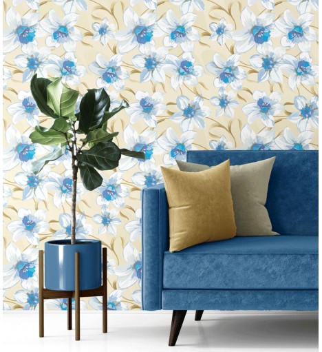 Papel de Parede Floral Azul...
