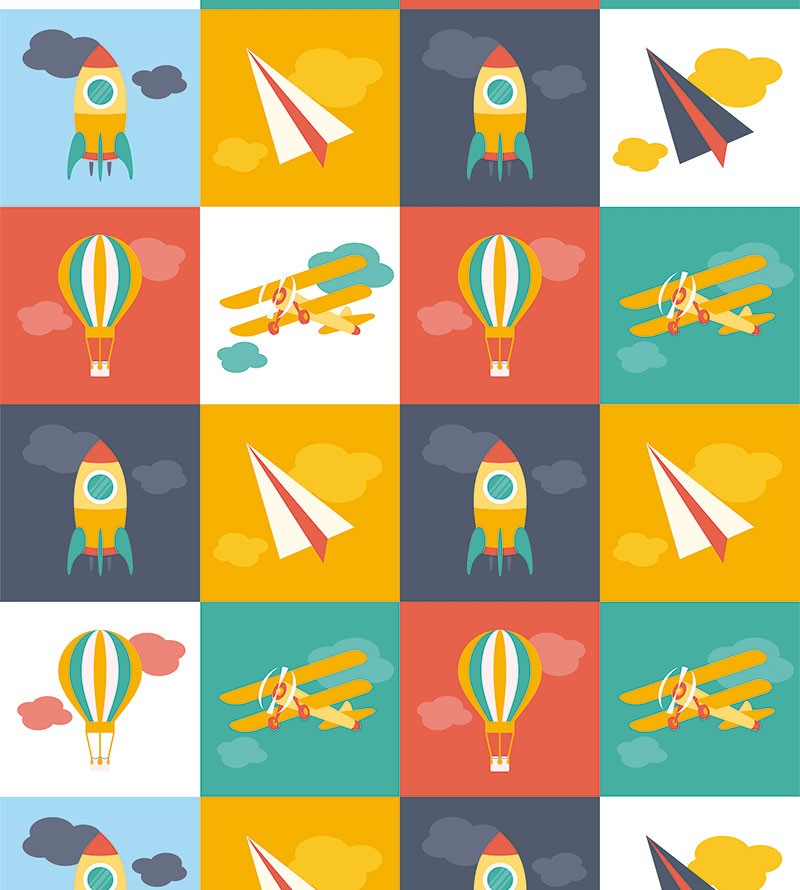 Papel de Parede Colorido com Aviões, Foguetes e...