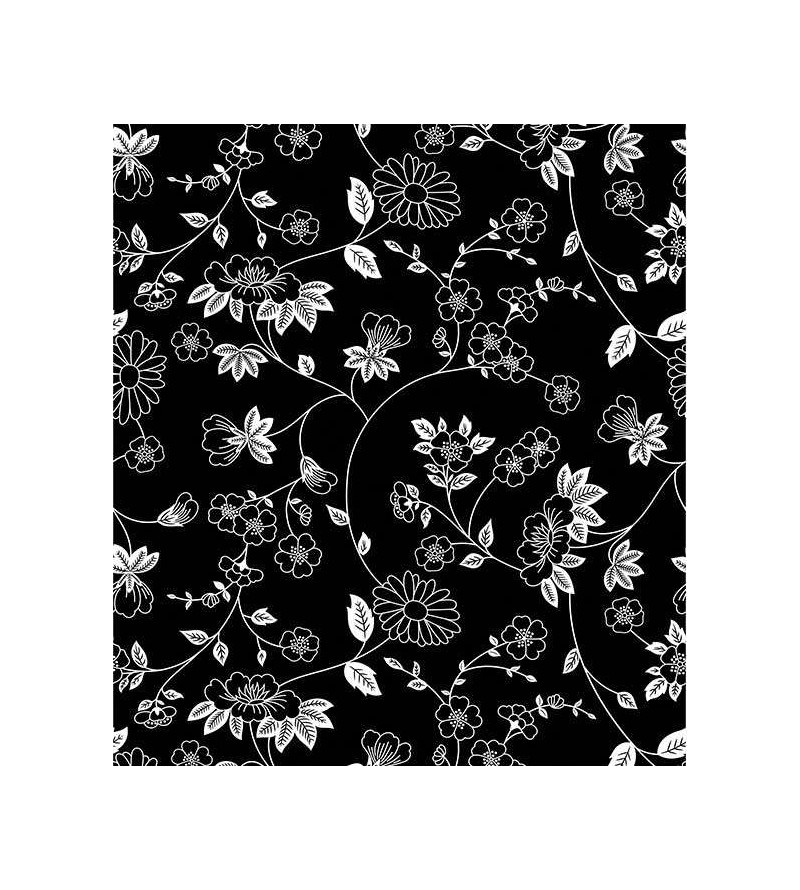 Papel de parede com estilo floral com estampa de flores brancas e fundo preto - Floral 06