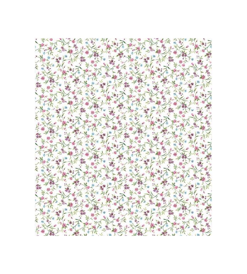Papel de parede floral com fundo branco e pequenas flores em rosa, roxo e vermelho, detalhes verdes e tons azuis - Floral 22