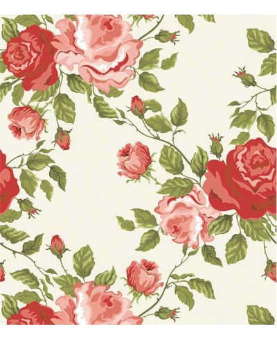 Papel de parede floral com fundo bege, flores em tons de vermelho e rosa com folhagem verde - Floral 32 Papel de parede floral com fundo bege, flores em tons de vermelho e rosa com folhagem verde - Floral 32