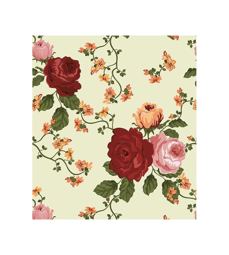 Papel de parede com flores vermelhas e rosas, folhagem verde com detalhes em laranja, fundo em tons de verde - Floral 33