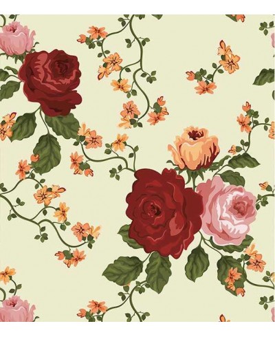 Papel de parede com flores vermelhas e rosas, folhagem verde com detalhes em laranja, fundo em tons de verde - Floral 33 Papel de parede com flores vermelhas e rosas, folhagem verde com detalhes em laranja, fundo em tons de verde - Floral 33