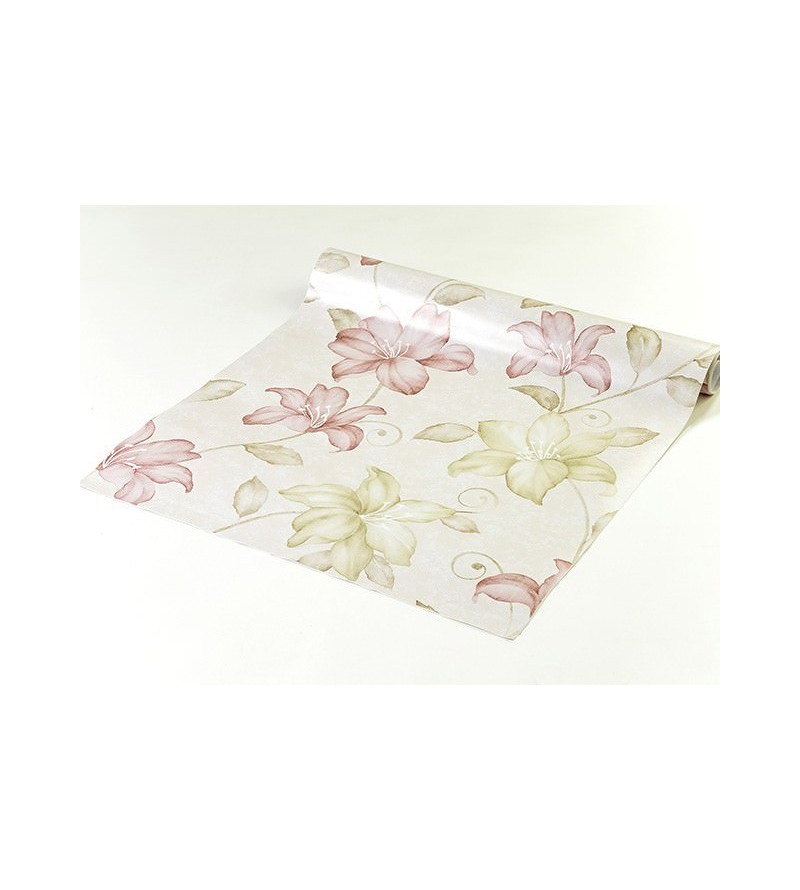 Papel de parede em tons creme, rose e verde musgo