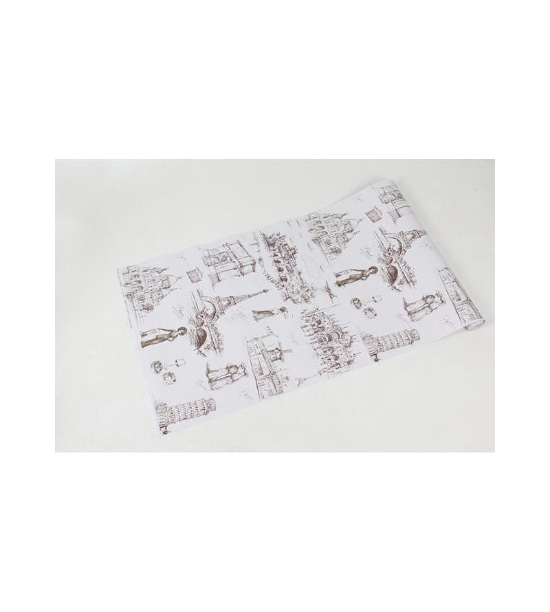 Papel de parede com fundo branco e desenhos em tons cinza