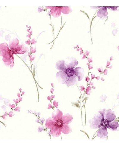 Papel de Parede Floral Com Ramos em Rosa e Roxo