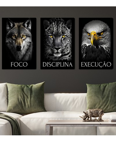 Quadro decorativo 3 telas Foco Execução e Disciplina