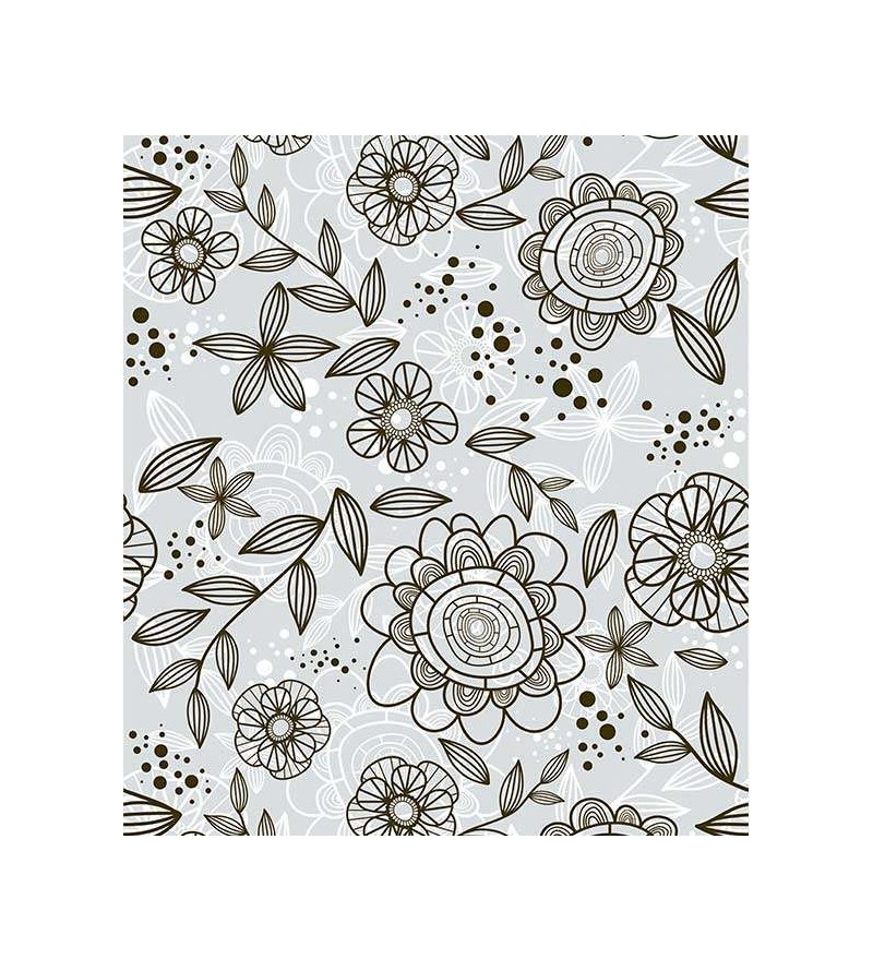 Papel de parede floral, flores marrons com fundo em desenhos em cinza e branco