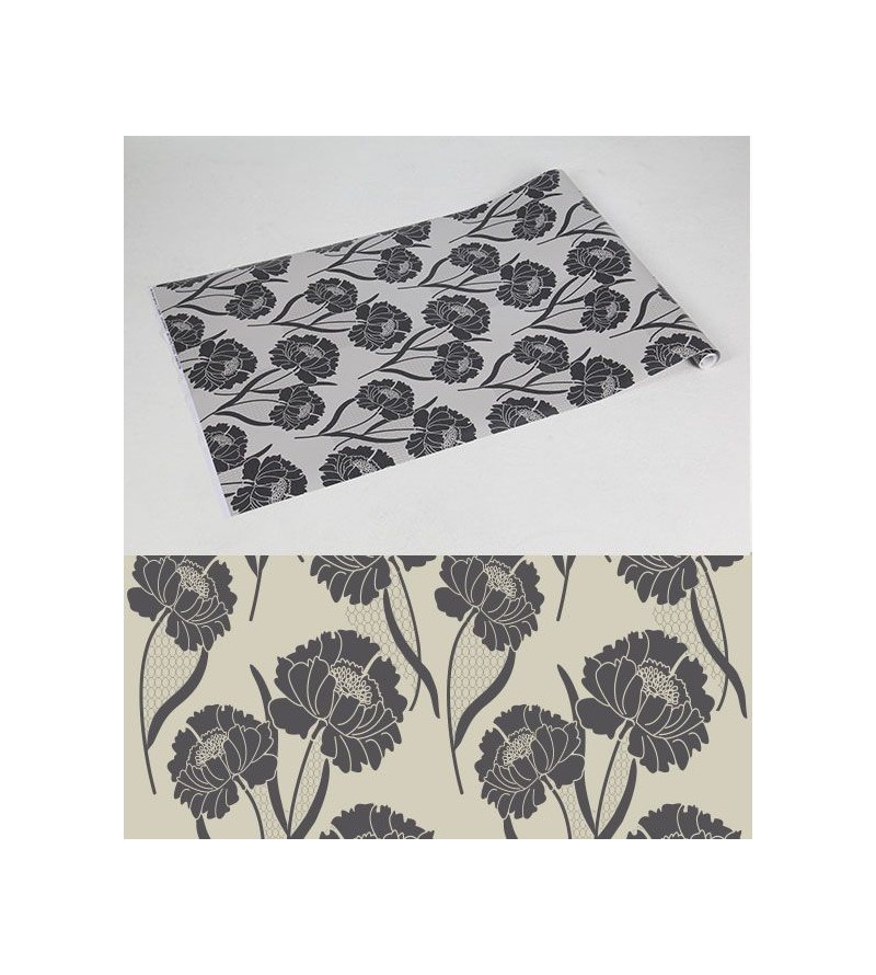 Papel de parede floral nos tons de cinza escuro, fundo em tons de bege
