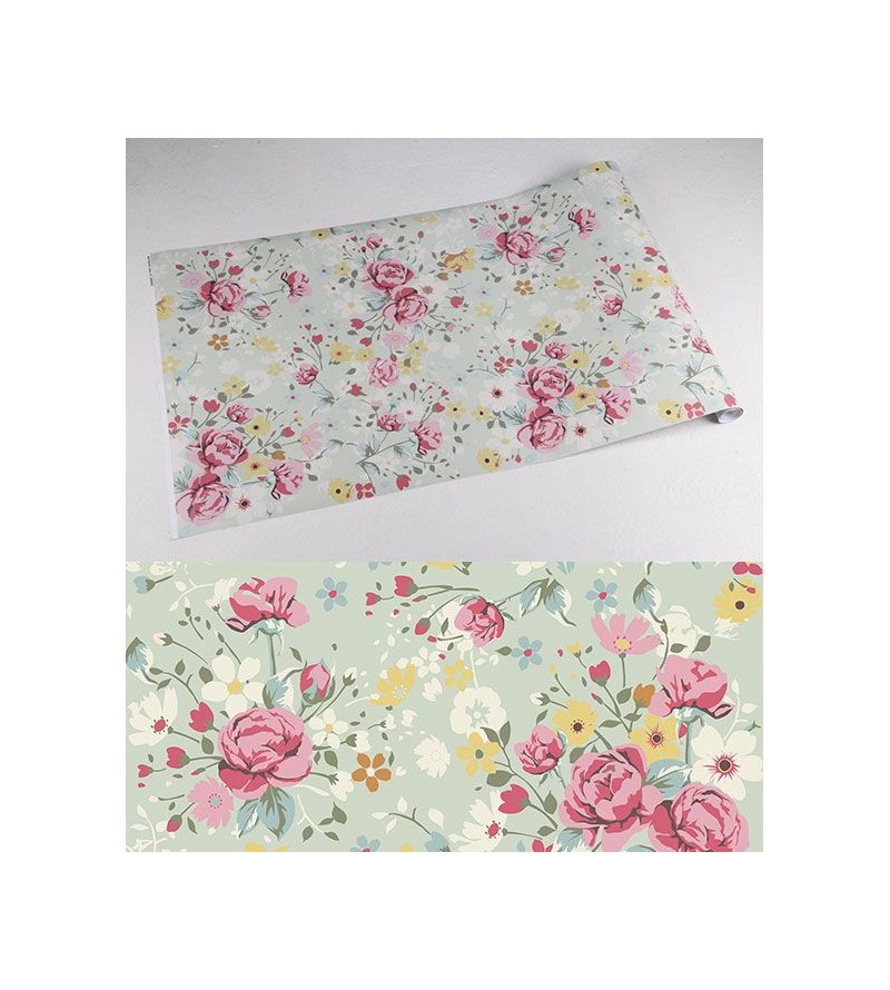 Papel de parede romântico cor rose, branco, verde musgo, amarelo e fundo verde acinzentado