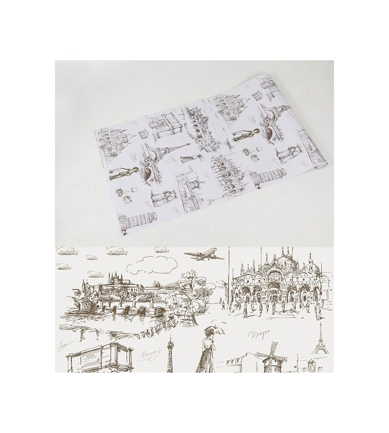 Papel de parede com fundo branco e desenhos em tons cinza