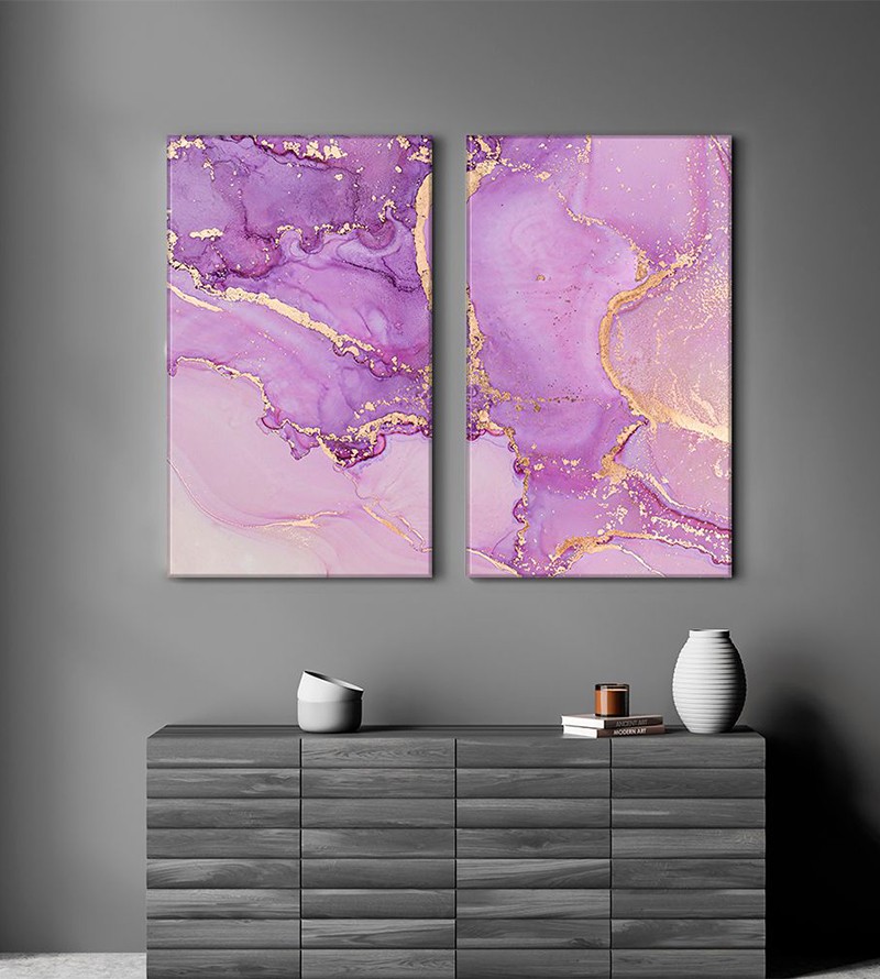 Quadro Decorativo 2 Telas Abstrato Mármore Lilás
