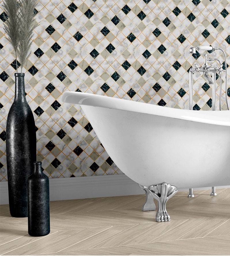 Papel de Parede Azulejo Quadrados de Mármore Gold