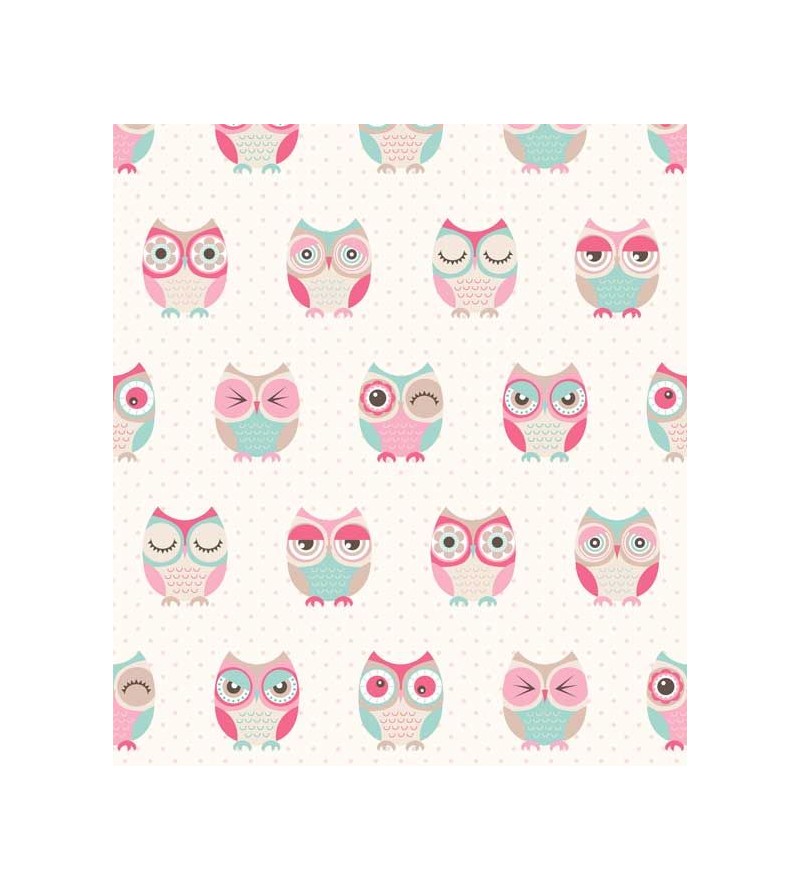 Papel de Parede com fundo na cor branca, com corujinhas em rosa, verde e branco - Kids 03