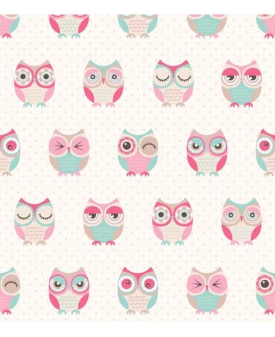 Papel de Parede com fundo na cor branca, com corujinhas em rosa, verde e branco - Kids 03