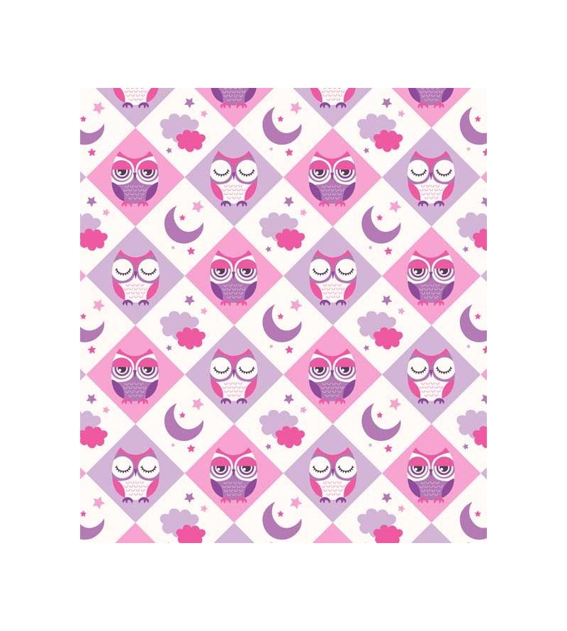 Papel de Parede com fundo na cor Rosa, branca e roxa, com corujinhas em roxo, rosa e branco - Kids 05