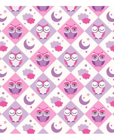 Papel de Parede com fundo na cor Rosa, branca e roxa, com corujinhas em roxo, rosa e branco - Kids 05