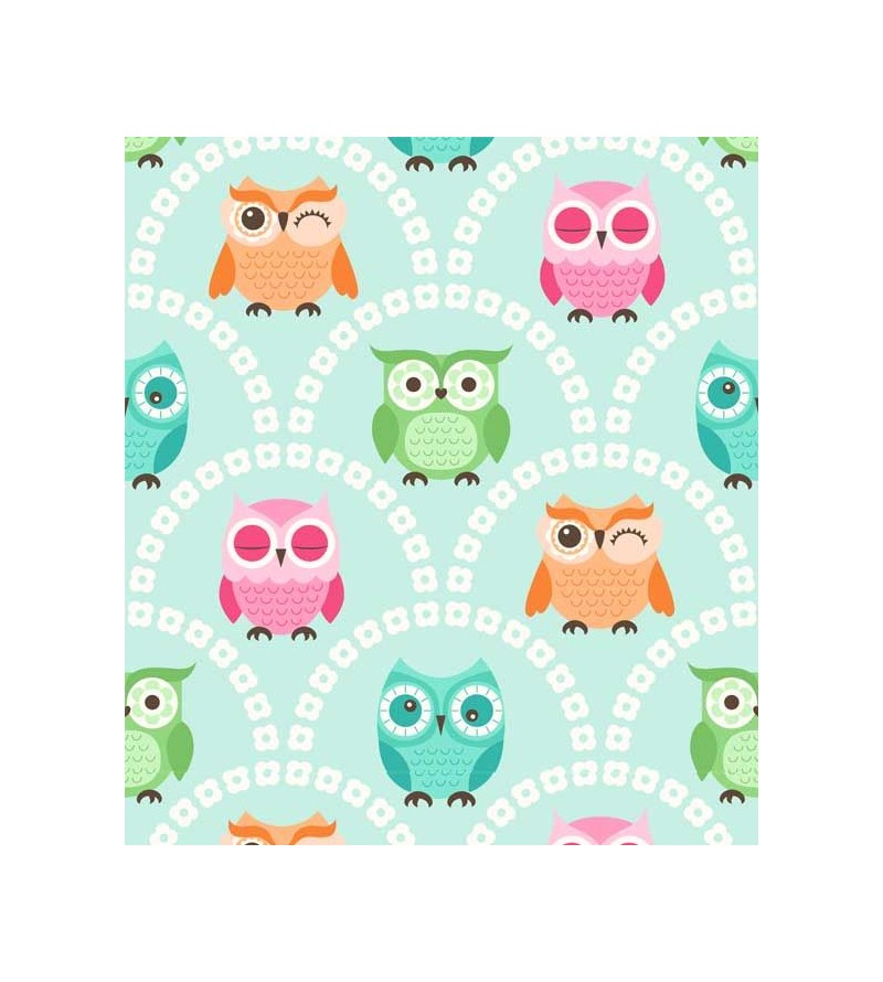 Papel de Parede com fundo na cor azul com corujas em variadas cores e caras - Kids 07
