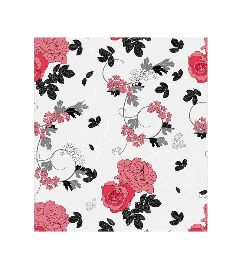 Papel de parede com fundo cinza claro, desenhos em rosa, preto, cinza e branco - Floral 103