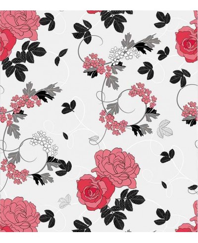 Papel de parede com fundo cinza claro, desenhos em rosa, preto, cinza e branco - Floral 103