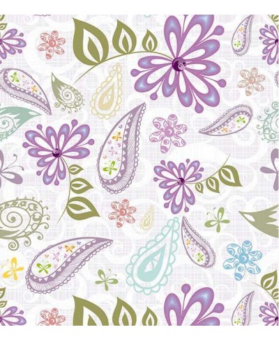Papel de parede com fundo roxo claro e branco, desenhos em tons de roxo, verde, azul e amarelo - Floral 90