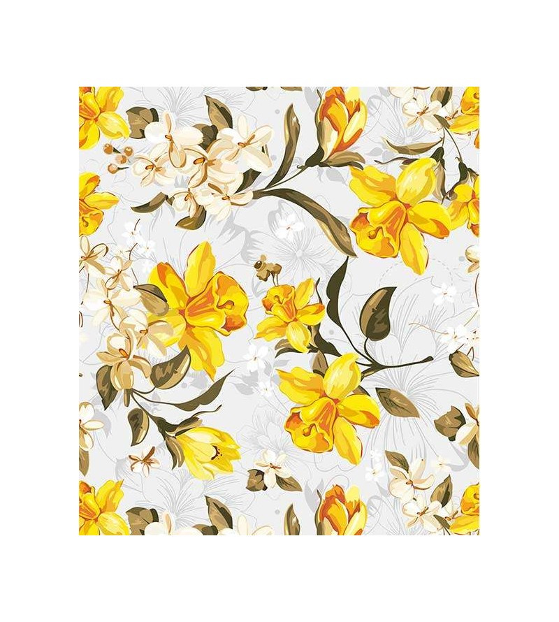 Papel de parede floral com cores rusticas, em tons de amarelo, laranja, marrom, cinza e verde com fundo cinza claro - Floral 94