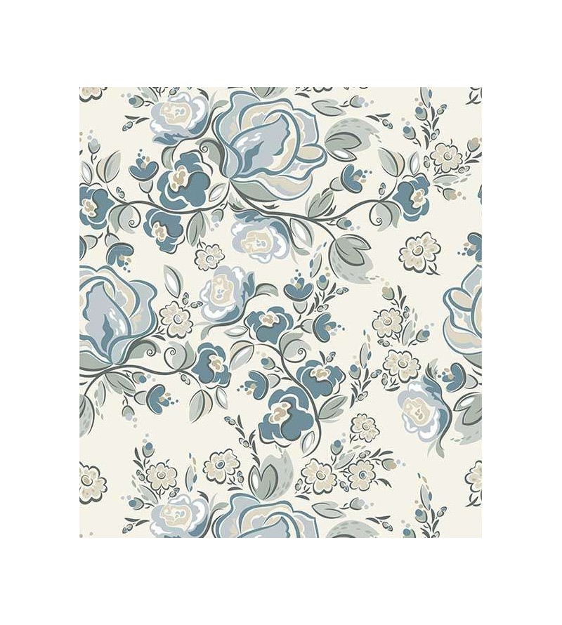 Papel de parede com fundo bege claro, e desenhos em tons de azul e cinza - Floral 95