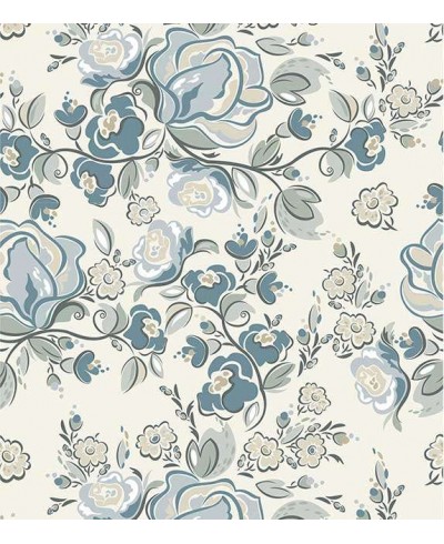 Papel de parede com fundo bege claro, e desenhos em tons de azul e cinza - Floral 95